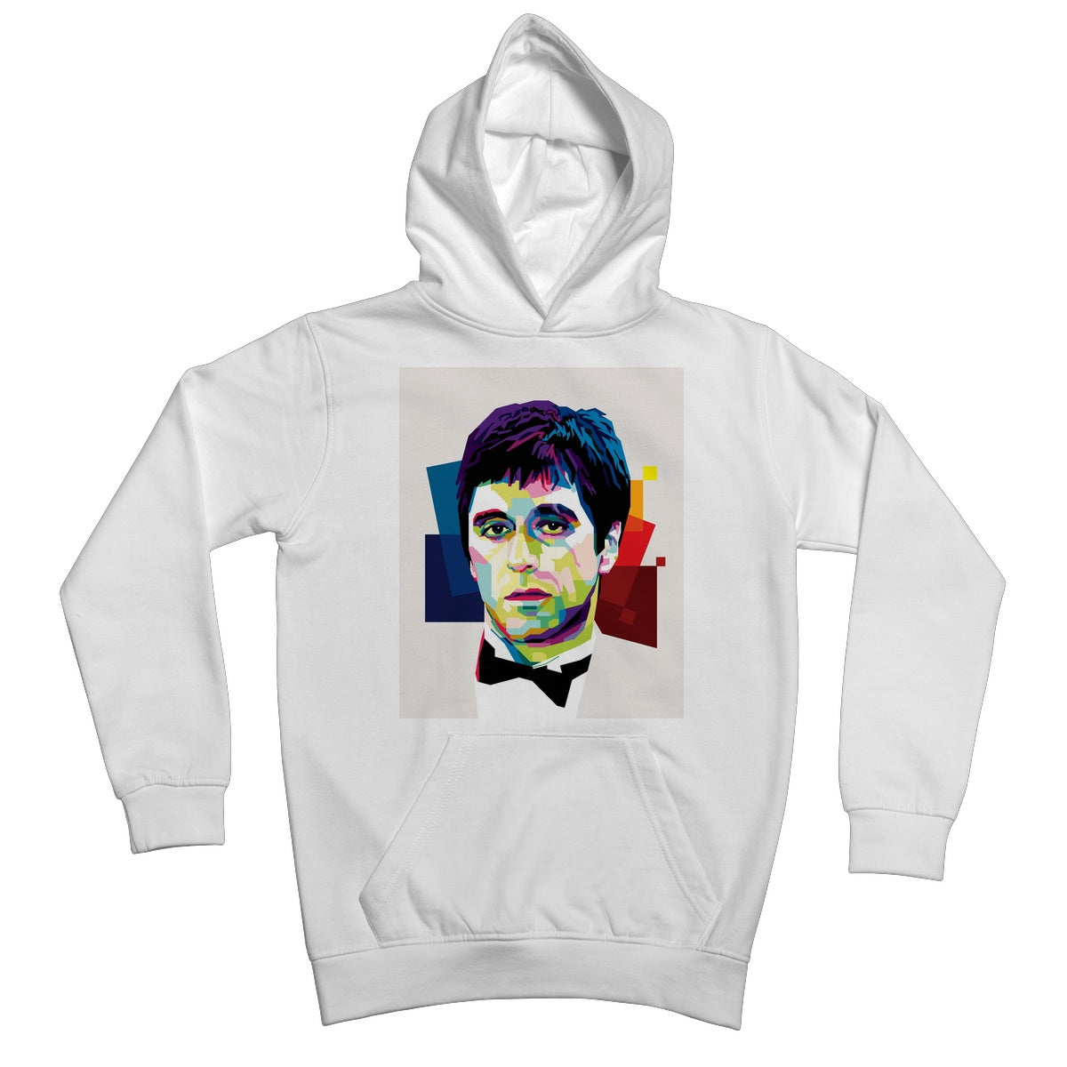 Pop art image of Al Pacino as Scarface on a white hoodie