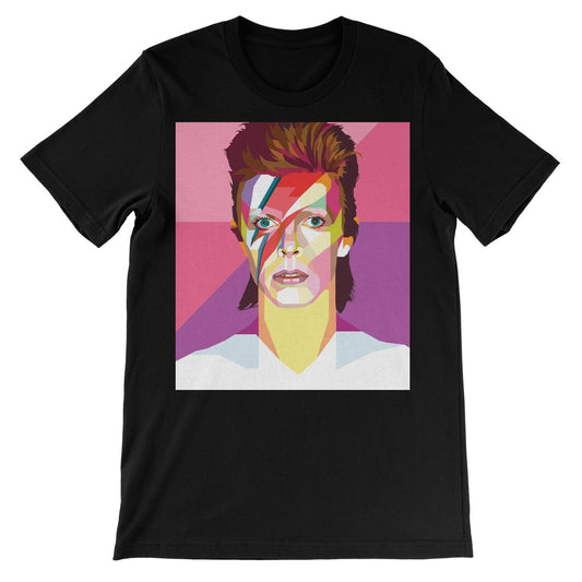 Black t-shirt with pop art image of david bowie